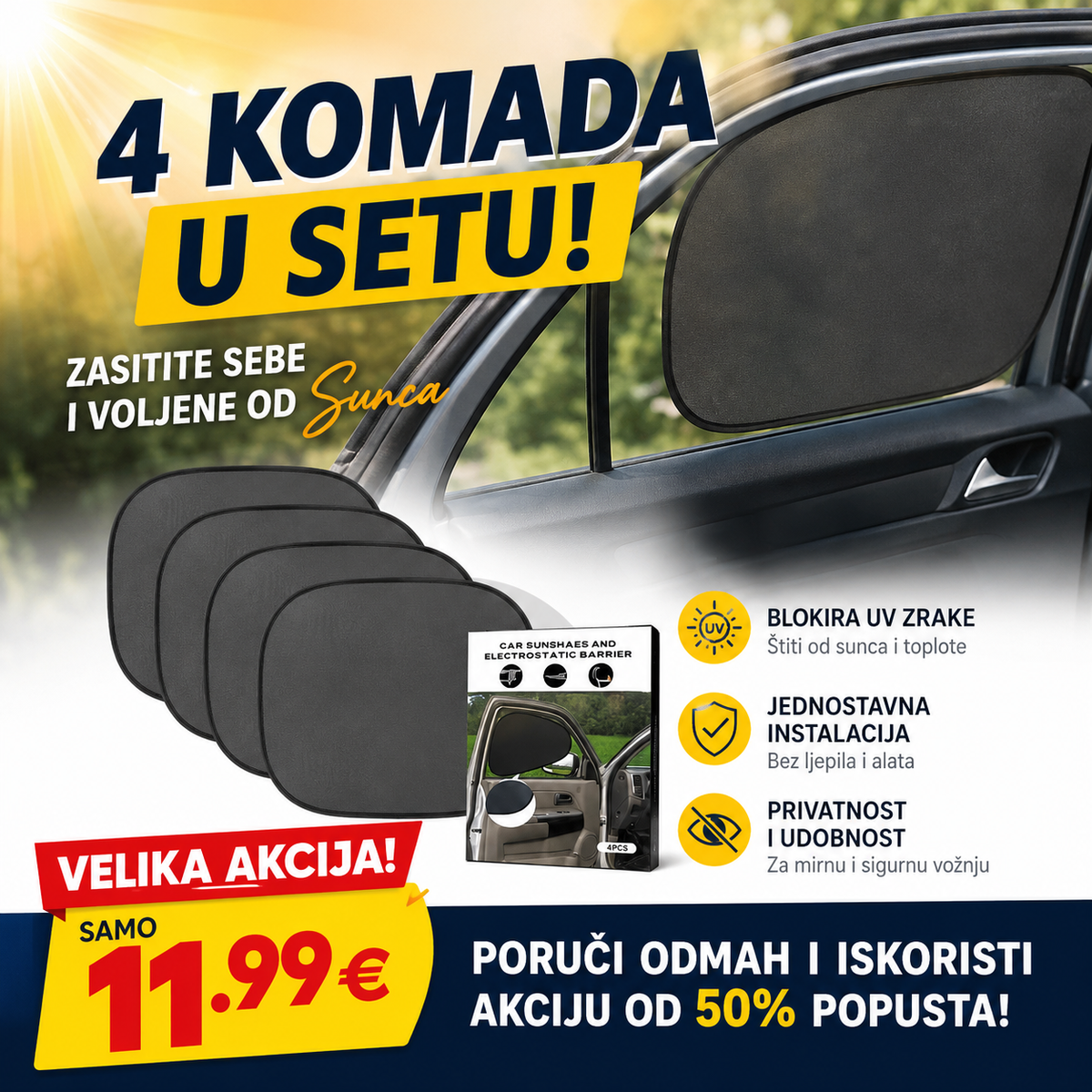 Sjenila za auto – Set 4 komada ☀️🚗