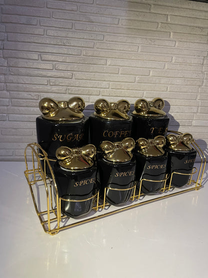 Luksuzni set keramičkih posuda sa zlatnim poklopcima – 7/1 + metalni stalak