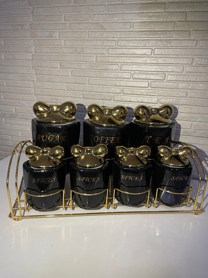 Luksuzni set keramičkih posuda sa zlatnim poklopcima – 7/1 + metalni stalak