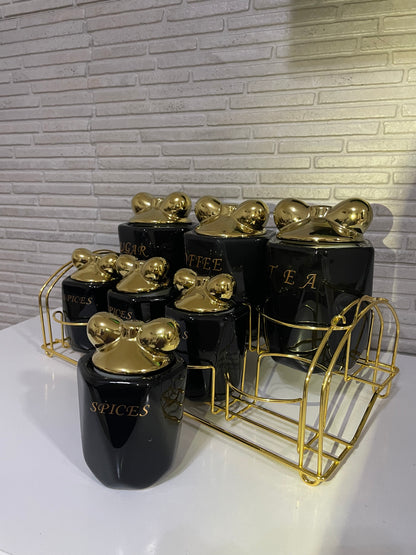 Luksuzni set keramičkih posuda sa zlatnim poklopcima – 7/1 + metalni stalak