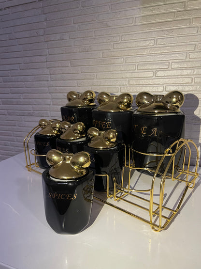 Luksuzni set keramičkih posuda sa zlatnim poklopcima – 7/1 + metalni stalak